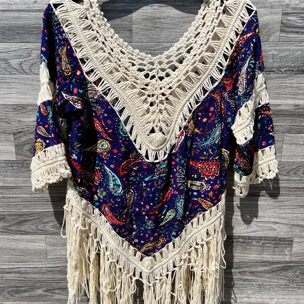 Bohemian Fringe Poncho with Paisley Design